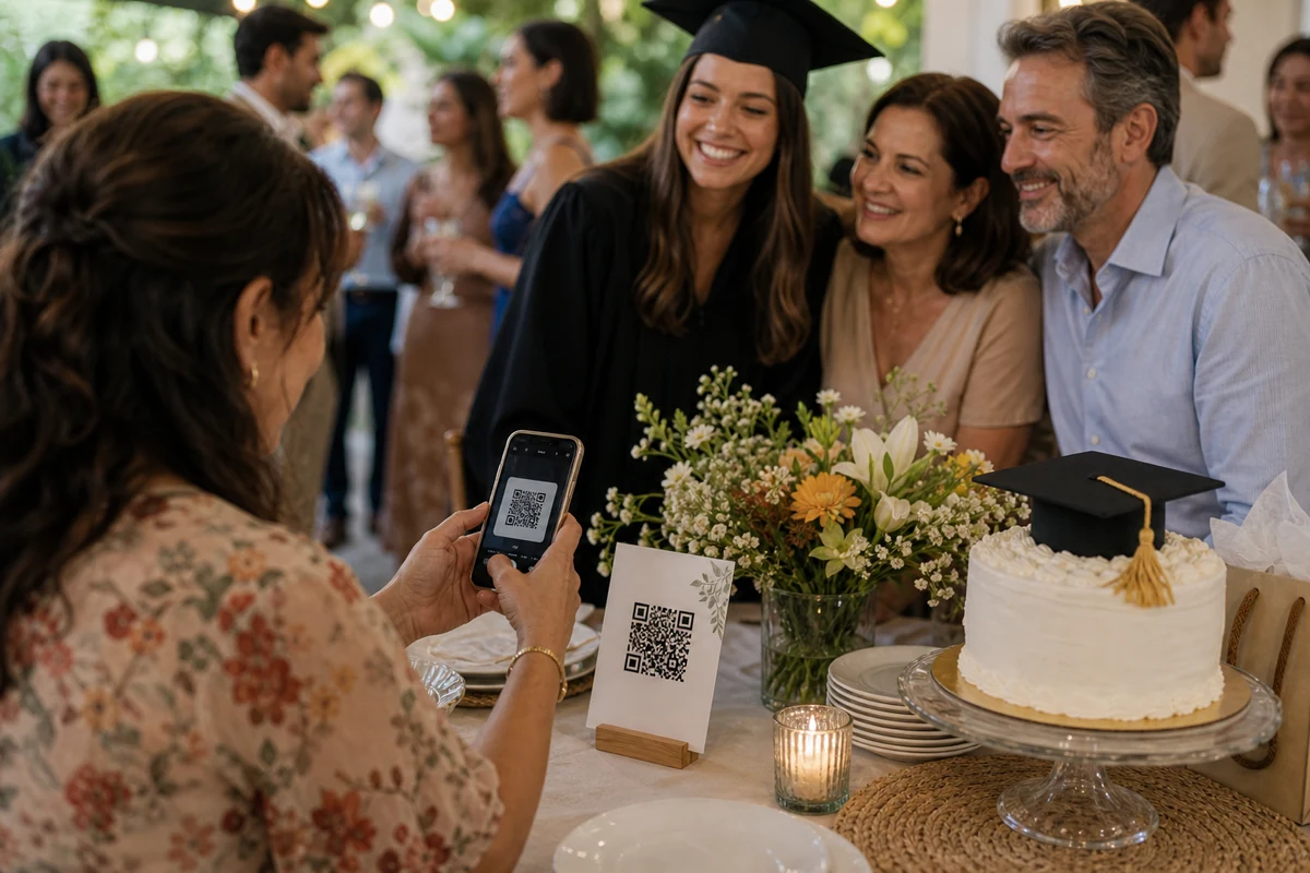 Graduation and birthday guests using a QR card to share photos