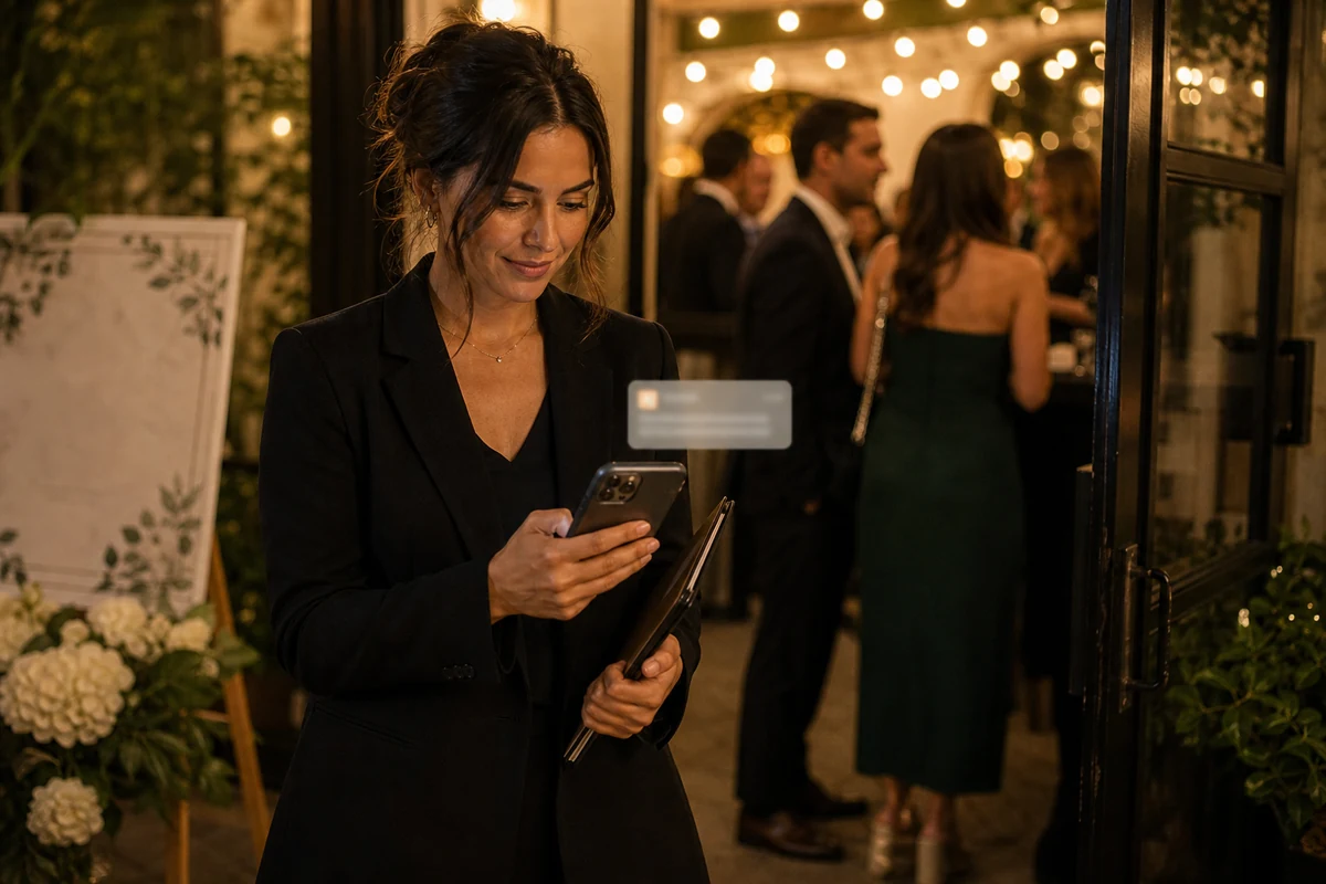 Event host checking a useful phone reminder during a celebration