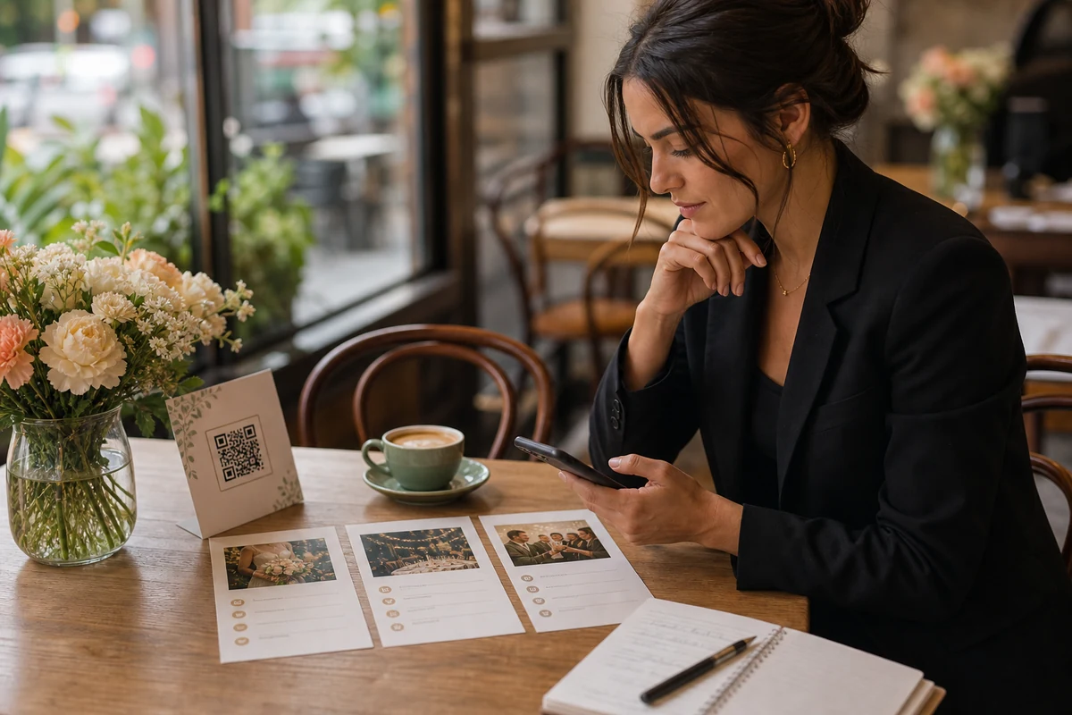 Host planning a one-event photo album package at a cafe table