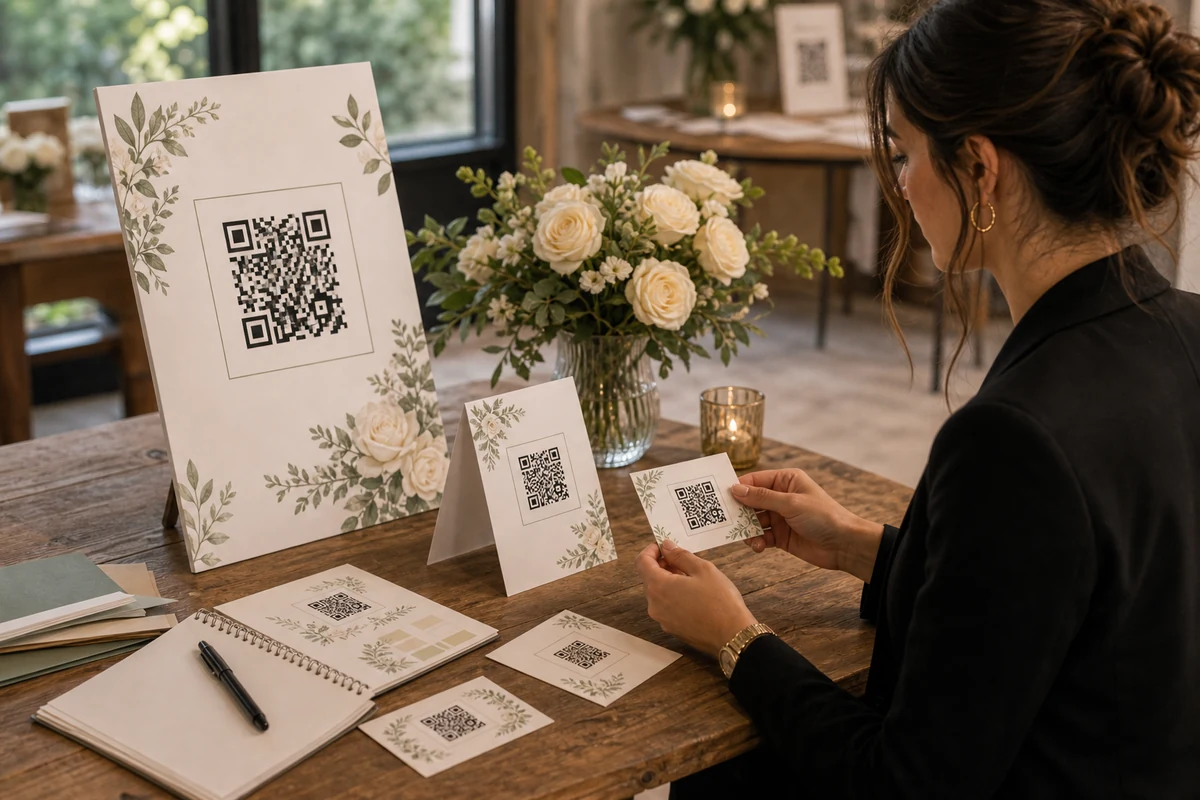 QR poster and table-card proofs prepared for an event album