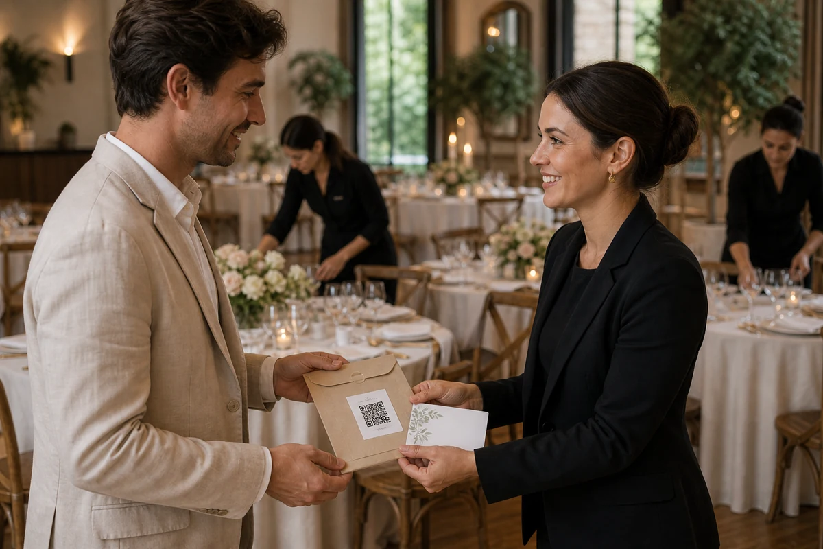 Venue manager handing an event album QR kit to a client