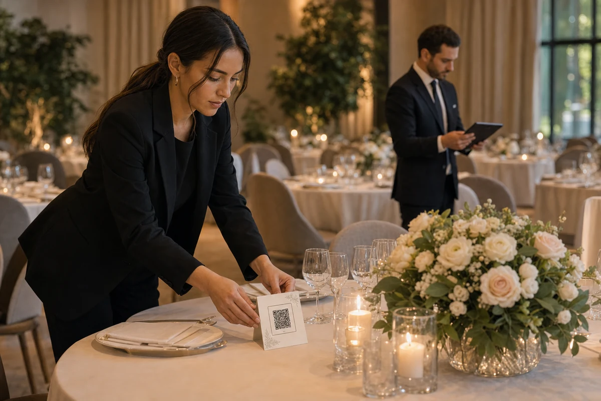 Venue staff placing QR table cards before an event