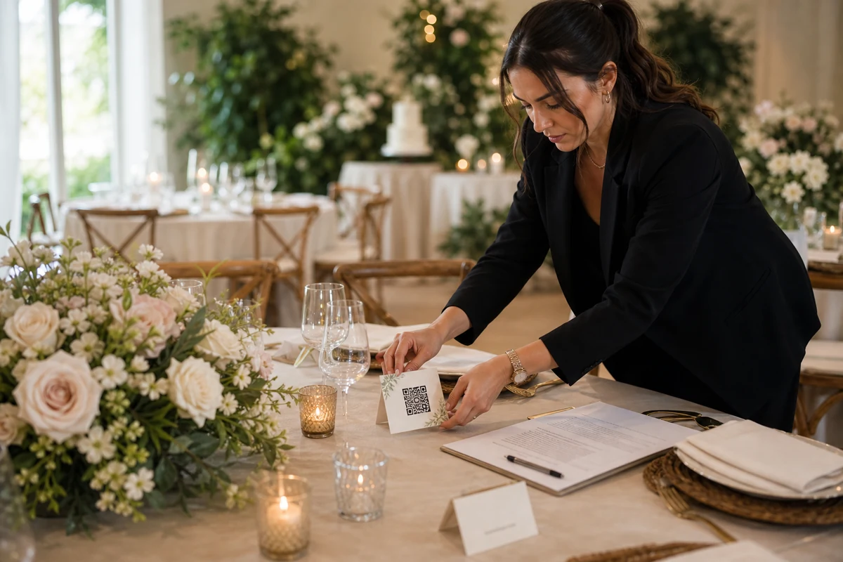 Wedding planner arranging QR table cards before a reception