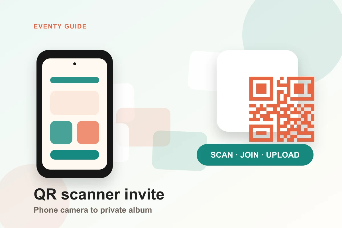 Phone camera scanning an EVENTY QR invite for a private album