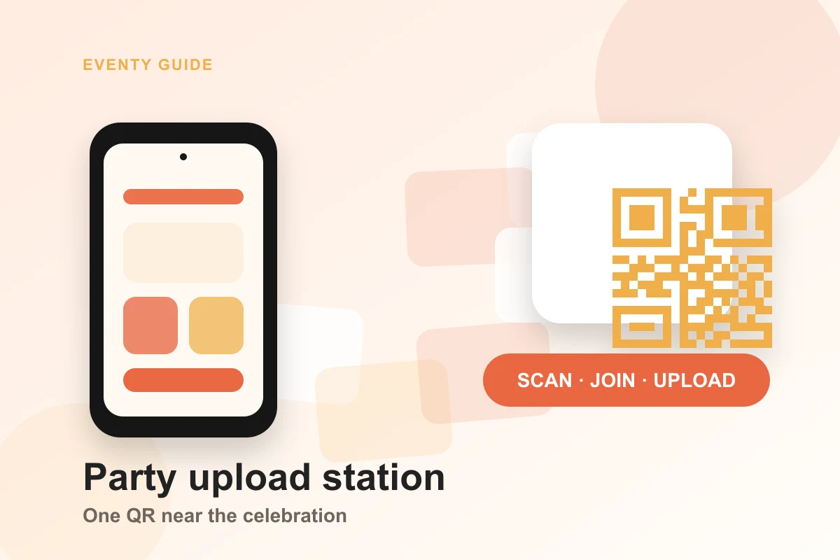 Birthday party upload station with a QR prompt for guests