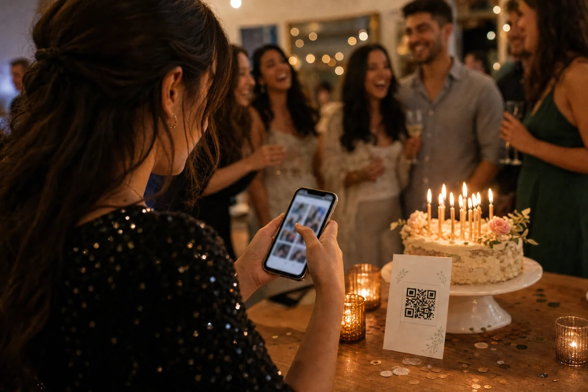 Party guest adding photos from a phone near a QR card