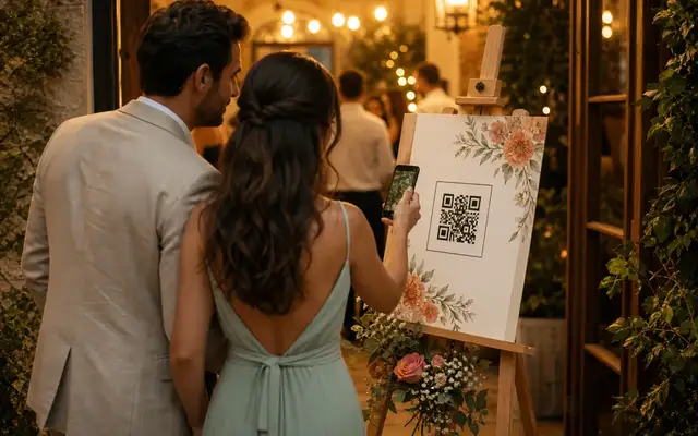 Scan: A QR code opens the right private event album without search, group chats, or guessing.