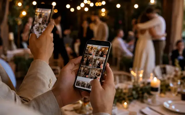 Upload: Guests can add photos from the browser. The mobile app gives the most reliable retry experience when the connection is weak.